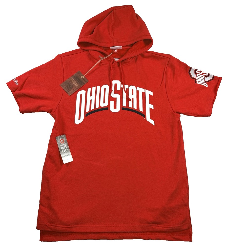 NWT Mitchell & Ness Mens Ohio State Buckeyes Short Sleeve Game Day Hoodie Medium